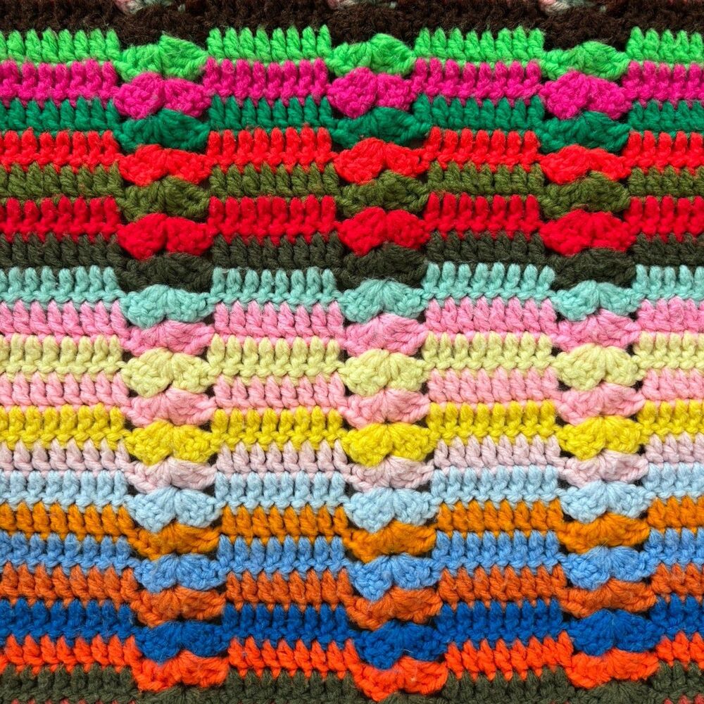Vtg Handmade Crochet Lap Blanket Afghan Throw 51”x62” Multicolor Stripe Rainbow - Picture 8 of 10